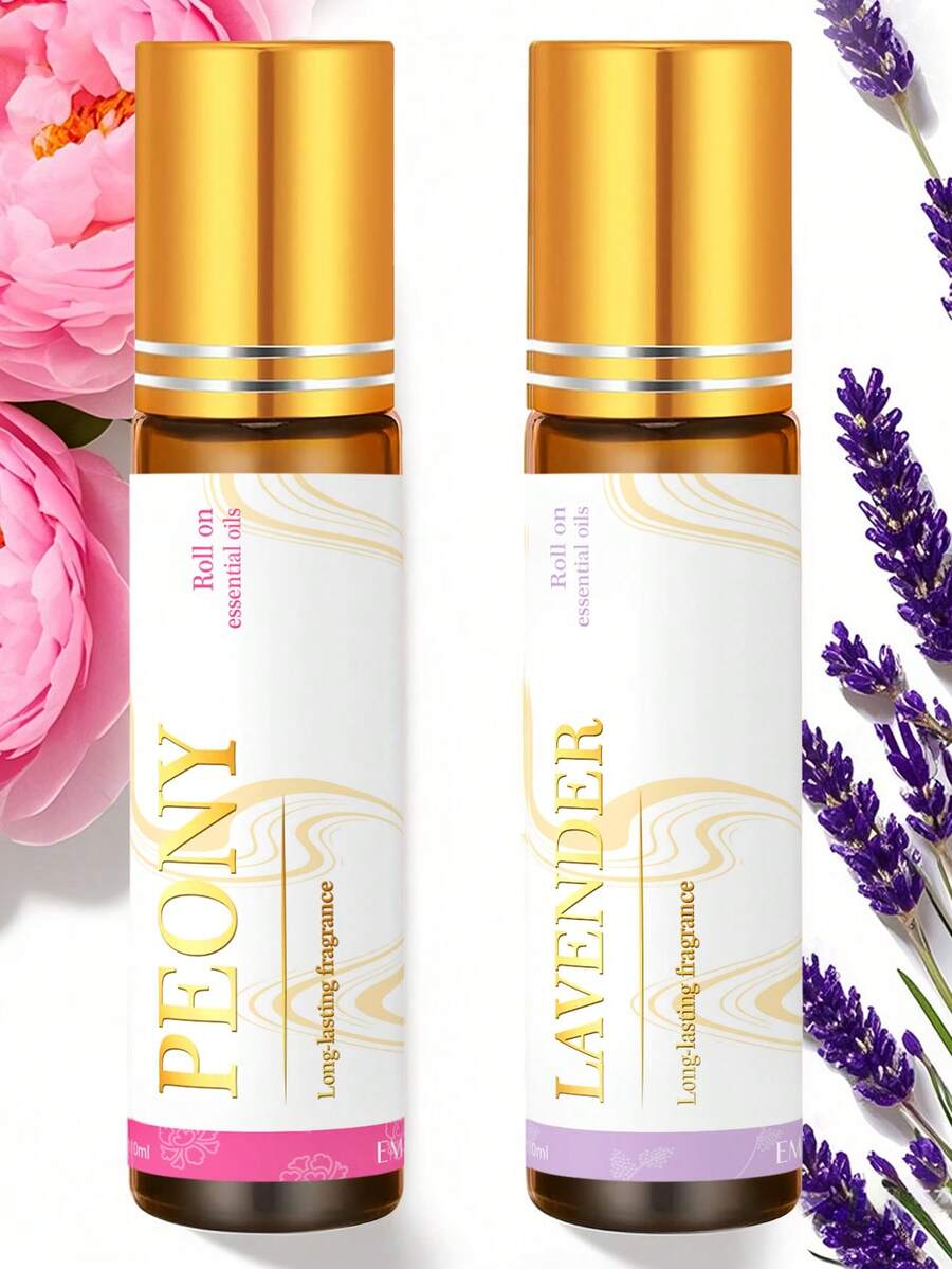 EMBRACEX. 2pcs 10ml Lavender & Peony Essential Oil Rollers, Long-Lasting Fragrance, Suitable For Daily Use, Gift Set For Women - Lavender Peony - View 1