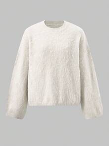 Ladies Solid Crew Neck Fuzzy Knit Sweater, Fall Winter Loose Cozy Top - White - View 7