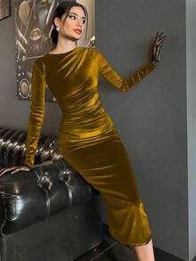 高端丝绒修身性感连衣裙，后背开衩 - 薑色 - 查看 4