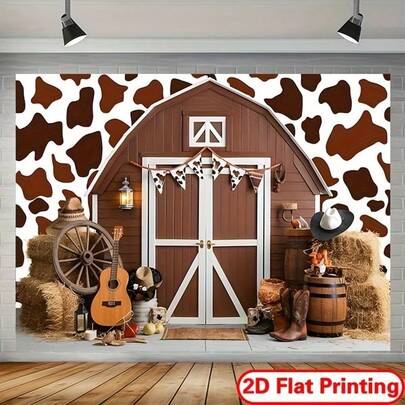 This 2D Flat-Printed Sign Features A Western Farmhouse Cowboy Hay Bale Background And Is Made Of Polyester. This Country Party Sign Includes Elements Such As Barn Doors, Lanterns And Straw Hats, Making It Perfect For Home Decoration, Birthday Parties, Wall Decoration And Photo Props, As Well As Cowboy-Themed Accessories.