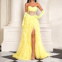 Yellow Mesh French Fishtail Lightweight Party Dress, Elegant Strapless Princess Gown For Birthday, Prom, Charming & Sexy - Yellow - View 4