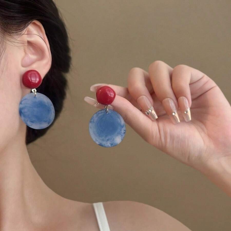 一对复古撞色几何水滴耳环，独特时尚的度假耳环 - 彩色 - 查看 1