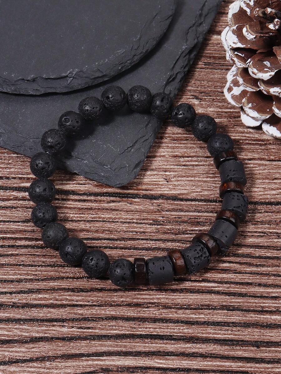 YAUKIA 1件迷人复古男士火山石木珠手链 时尚配饰 减压礼物 送给朋友 - 彩色 - 查看 1