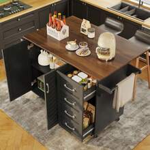 Küchenwagen Mit Diagonal Gestreiften Schranktüren, Herausnehmbarer Esswagen Mit Handtuchhalter Und Gewürzregal, Verstellbare Trennwände, Küchenbuffet, Tischplatte Mit Holzmaserung, Schwarz - Black - View 8