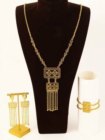 4 piezas Elegante conjunto de joyería rectangular con doble bola para mujeres, joyería de boda árabe para la novia
