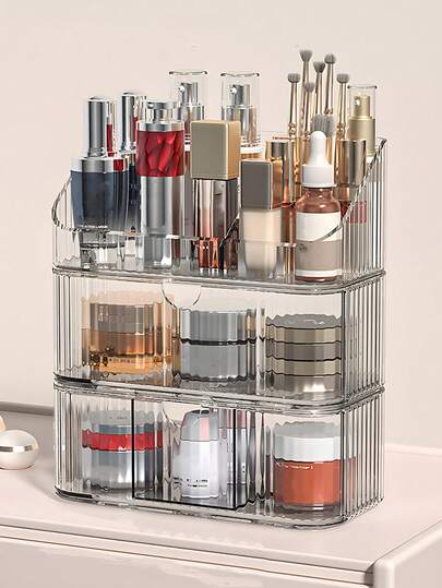 1个透明收纳盒，可用于整理化妆品、桌面口红、化妆刷和护肤品，也可作眉笔架、梳妆台置物架，是送给女性的礼物，也是圣诞礼物和送礼佳品。