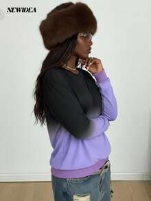 Sudadera de mujer con cuello redondo, manga larga, tejido suave y elástico, con acabado de canalé y unión de contraste, en estilo ombré negro y morado, perfecta para otoño e invierno, para uso casual diario y salidas de fin de semana