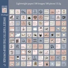 100张/袋迷你创意纸，百日打卡系列，专为娇嫩女孩设计，复古线条英文主题底纸，剪贴簿用品，笔记本配件，装饰相框，电脑和手机壳，水杯，旧杂志，铅笔盒，桌面留言纸，返校季用纸，学习用品 - 彩色 - 查看 12