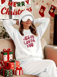Christmas And Thanksgiving Women's Autumn/Winter Collection Jesus Loves You Bold Print Faith Outfit Essential - Women's Hooded Sweatshirt Long Sleeve Letter Print Drawstring Hoodie - Soft, Casual, Long Sleeve, Kangaroo Pocket, Loose Fit Women's Sweatshirt - Fashionable Clothing, Machine Washable, Autumn And Winter Fleece Warm Lining Soft And Comfortable Autumn And Winter Women's Clothing - 白色 - 查看 2