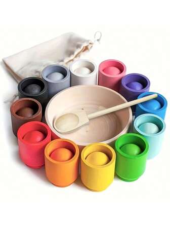 木制分类游戏玩具，彩虹球和杯子颜色分类游戏，锻炼精细动作，寓教于乐，适合学龄前儿童，圣诞节/万圣节礼物