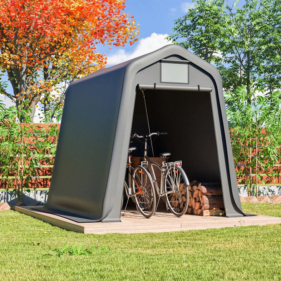 Grey Garden Shed 245 X 183 X 217 Cm – Versatile Use: Garden Shed, Bicycle Shed, Or Carport. Waterproof PE Material With Roller Blinds. UV And Wind Resistant. Easy Assembly. - Grey - View 1
