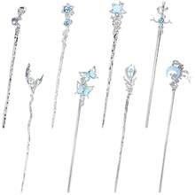 Retro Vintage Asian Chinese Traditional Hanfu Silver Metal Flower Hair Sticks With Pearl Bead Pendants Bamboo Lotus Long Hair Chopsticks Forks Bun Updo Holders Hairpins - 8件套裝 S2 - 查看 9