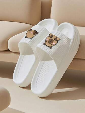 女士夏季EVA拖鞋，防滑防臭浴室拖鞋，轻便柔软，可爱卡通水豚图案，适合室内、卧室、浴室、户外、海滩等场所穿着。