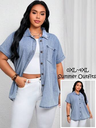 浅蓝色夏季套装，前扣短袖牛仔优雅休闲女式衬衫，派对上衣，大码翻领夹克衬衫