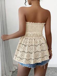 Top bohemio para mujer, top de verano con hombros descubiertos, volantes perforados, top de moda para vacaciones - Beis - Ver 2