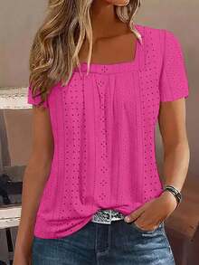 刺绣方领 T 恤，休闲短袖前褶上衣，春夏季女士服装