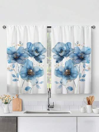 2pcs Abstract Blue Art Floral Print Kitchen Window Curtain, Without Holes Curtain,Refer To Bedroom Office Kitchen Living Room Study Home Decor