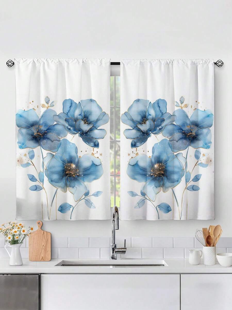 2pcs Abstract Blue Art Floral Print Kitchen Window Curtain, Without Holes Curtain,Refer To Bedroom Office Kitchen Living Room Study Home Decor - Multicolor - View 1