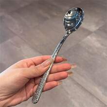 1pc Stainless Steel Hammered Texture Spoon, Stylish Tableware Long Handle Soup Spoon - Multicolor - View 6