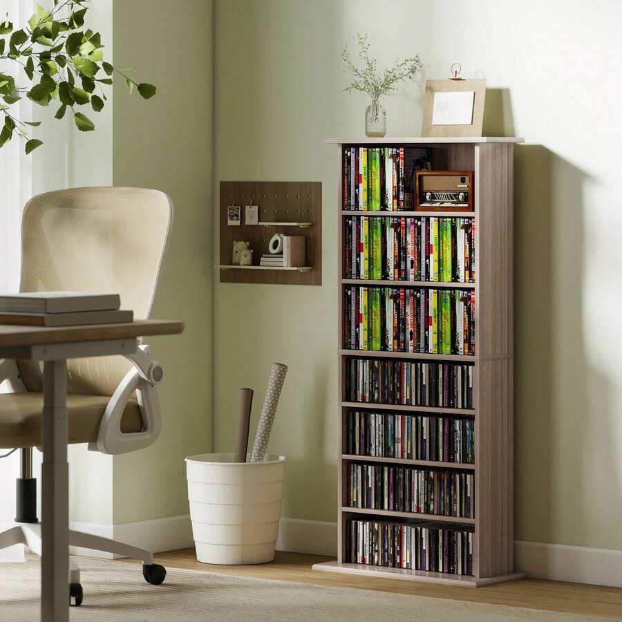 HOMCOM Estantería para CDs y DVDs Soportes para CD Estrechos con 8 Compartimentos Estantes Ajustables para Salón Oficina 58x24x126,3 cm - Color de la madera - Ver 1