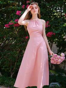 Elegant Solid Color Backless Dress, Summer - Pink - View 6