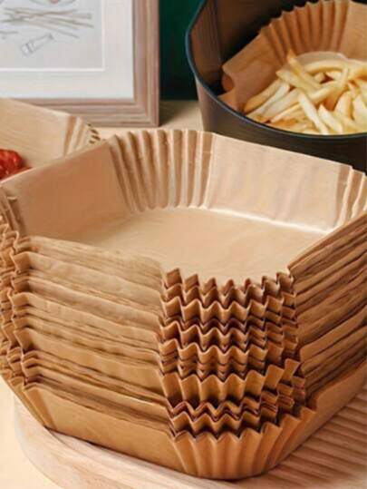 50/100 piezas Papel de hornear premium para freidora de aire - Grueso y antiadherente, apto para freidoras de aire de 2-8 cuartos - Accesorio esencial de cocina y comedor, para freír, hornear y microondas, forros prácticos para freidora de aire, ideal para hornear pasteles