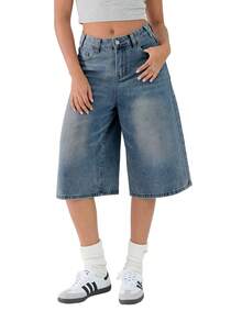 Valentine's Day Women Jean Jorts Baggy Loose Fit Jean Shorts 2026 Summer Wide Leg Long Denim Shorts Y2K Clothes - 藍色 - 查看 5
