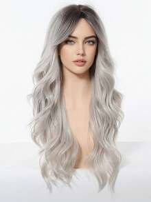 1 Piece Synthetic Heat-Resistant Hairpiece In Curly Gradient Pink Wig, 28 Inches Long, Made From Fiber, Suitable For Daily Use, Natural And Realistic Hairpiece. - Gray Ombre - View 3