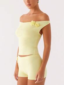 Knitted Casual Suit Women's One Neck Top Elastic Shorts 2-Piece Set Summer Set - Màu vàng - Xem 2