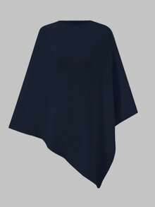 Ladies Solid Cowl Neck Knit Poncho, Fall Winter Versatile Outerwear - Navy Blue - View 7