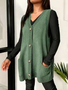 大码秋冬大码时尚休闲纯色V领单扣口袋设计开衫中长款毛衣背心适合户外旅游游玩拍照穿着早午餐服装女 - 綠色 - 查看 5