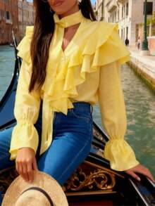 Damen neue V-Ausschnitt Knopf Mehrschicht Volant Schleife transparente elegante Mode Lässig Bluse, geeignet für Herbst/Winter - Gelb - Übersicht 4