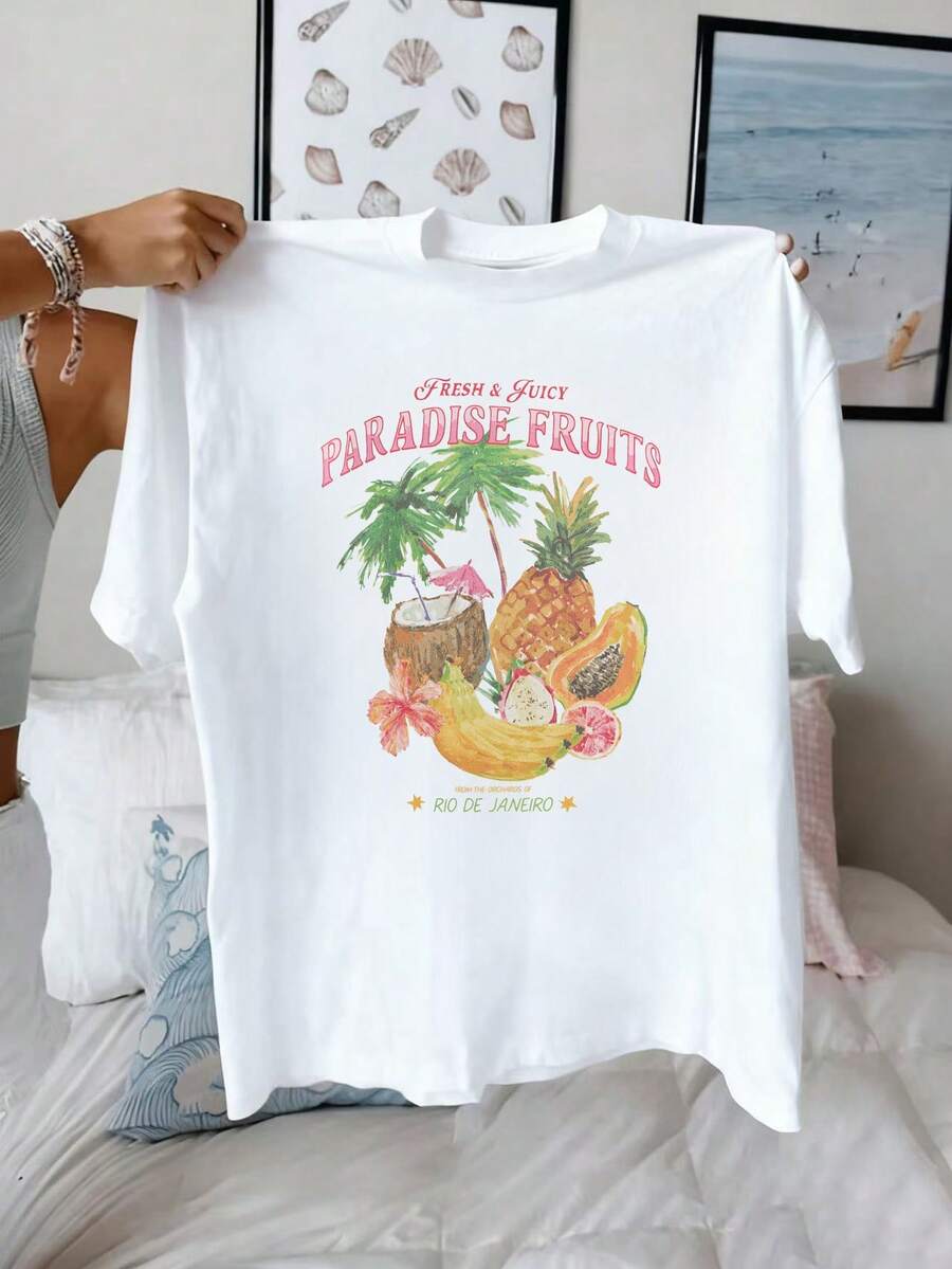女士夏季度假，清爽多汁水果印花派对T恤，里约热带风情图案短袖休闲T恤，沙滩 - 白色 - 查看 1