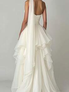 Modern Chic Strapless Satin Wedding Dress, Tiered Tulle, Bridal Gown, Wedding Dresses For Bride, Elegant And Comfortable, Suitable For Wedding, Party, Vacation, Bride, Formal Occasions, Dinner Dress, Prom Dress, After-Party Dress, Homecoming Dress, Cocktail Party, Birthday Party, Ceremony - 白色 - 查看 3