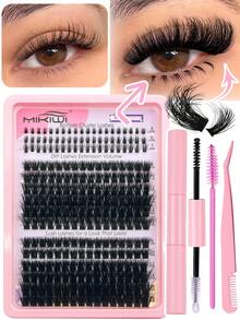 276Pcs D Curl Lash Clusters DIY Kit With Bottom Lashes, Bond, Seal, Tweezers, Brush. Mixed Length 60D-120D Individual False Lashes, Fluffy, Wispy, Soft, Lightweight, Reusable, Easy Apply, Beginner Friendly, Daily Party Wedding Makeup - 黑色 - 查看 9