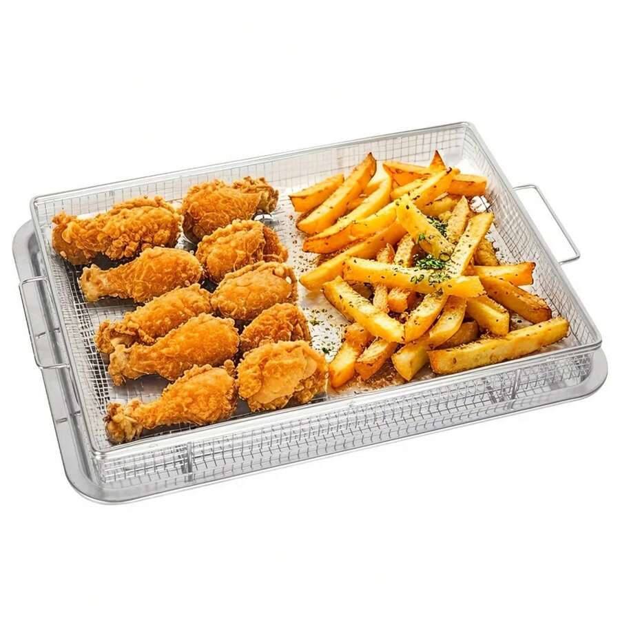 Air Fryer Basket For Oven, Large Stainless Steel Air Fryer Pan Baskets Trays Acessories For Fries Grilling Baking Cooking, 15" X 11" - Silver - View 1