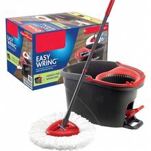 Fregona de microfibra con escurridor EasyWring, sistema de limpieza de suelos con cubo, rojo, gris, estándar - Trapeador giratorio Easywring y cubo + 1 repuesto adicional - Ver 1
