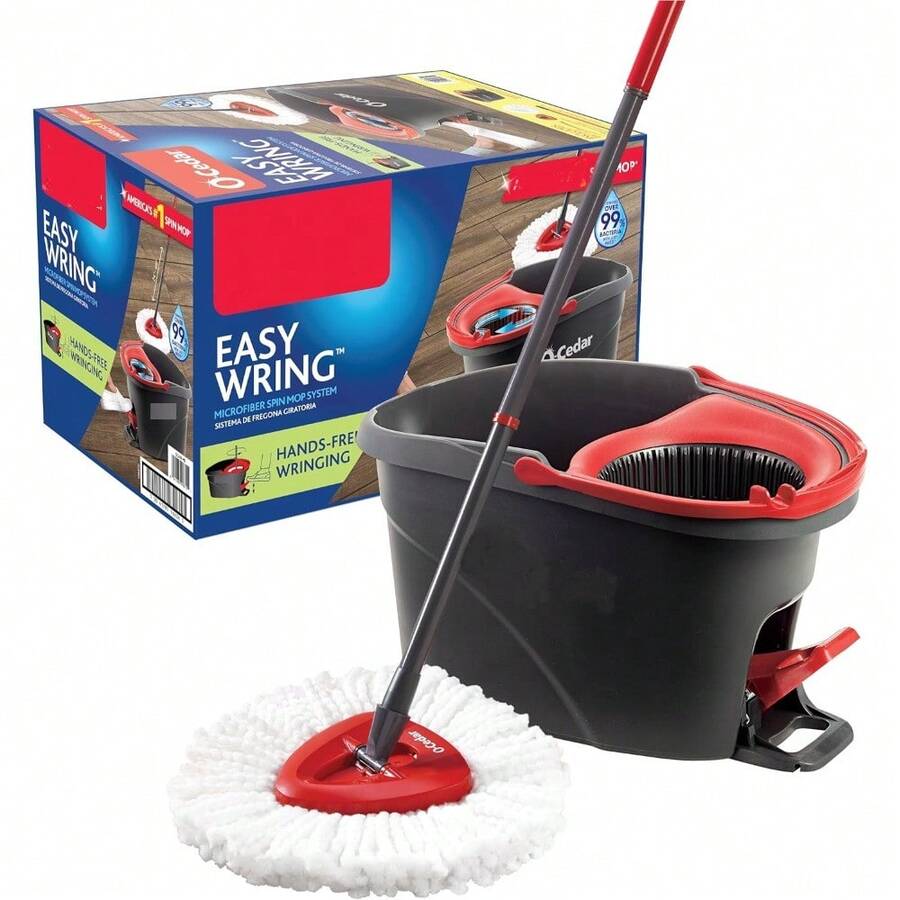 Fregona de microfibra con escurridor EasyWring, sistema de limpieza de suelos con cubo, rojo, gris, estándar - Trapeador giratorio Easywring y cubo + 1 repuesto adicional - Ver 1