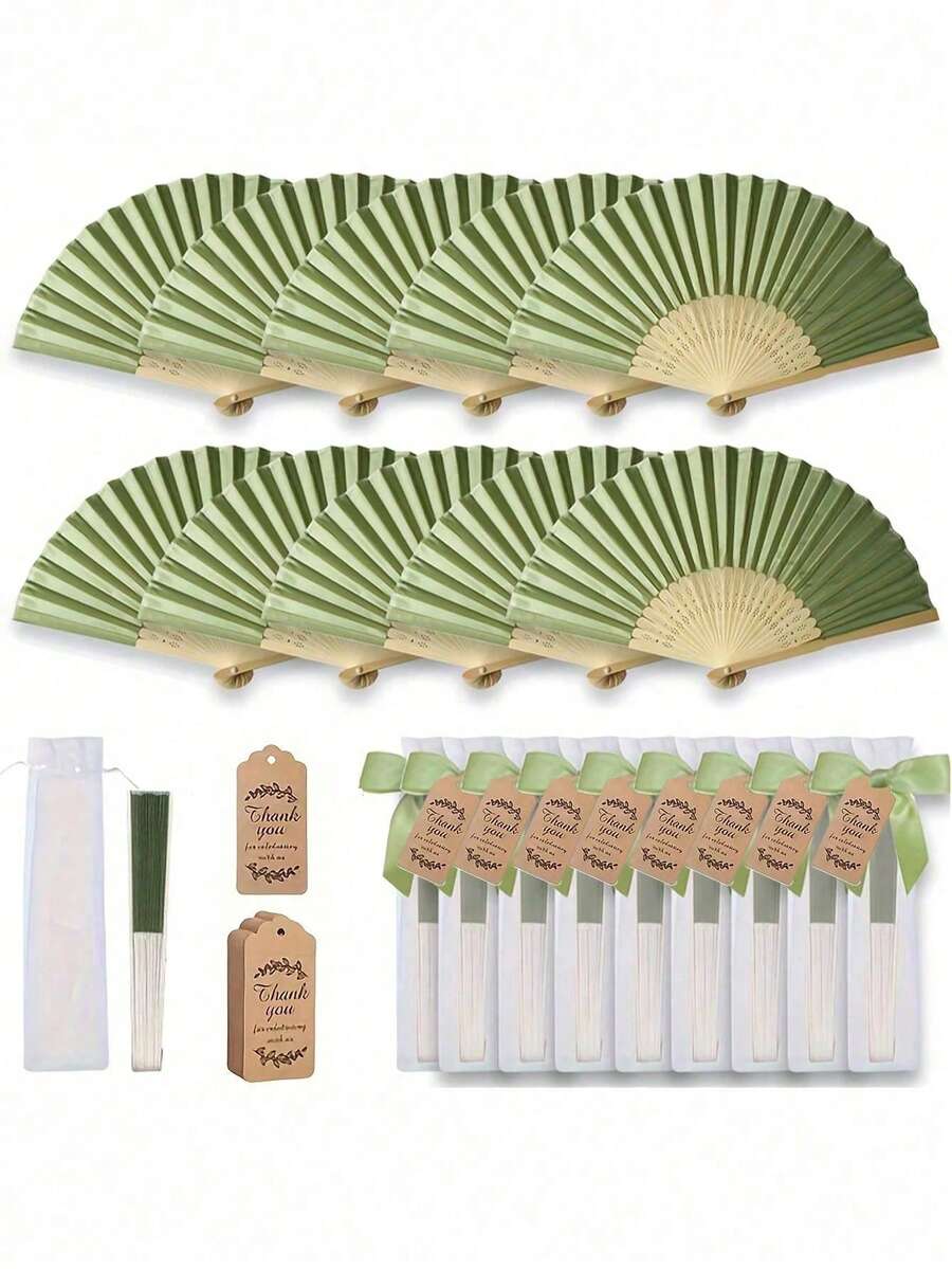 Conjunto de Leque Dobrável Elegante, Inclui Cartão de Agradecimento e Sacola de Presente, Leque Dobrável de Bambu para Noiva, Adequado como Presente para Damas de Honra e Decoração de Casamento, Perfeito para Festas, Eventos e Acessório de Verão - Verde - Visão 1