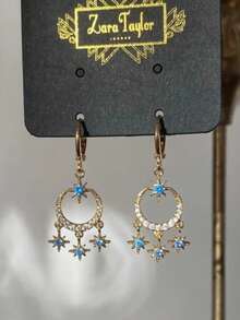 rundraw 2 piezas Nuevos pendientes de cobre dorado con incrustaciones de circonita en diseño geométrico de estrella de 2026 Otoño/Invierno, adecuados para uso diario, citas, fiestas y celebraciones, combinan con atuendos y accesorios diarios, mejor regalo para amigos