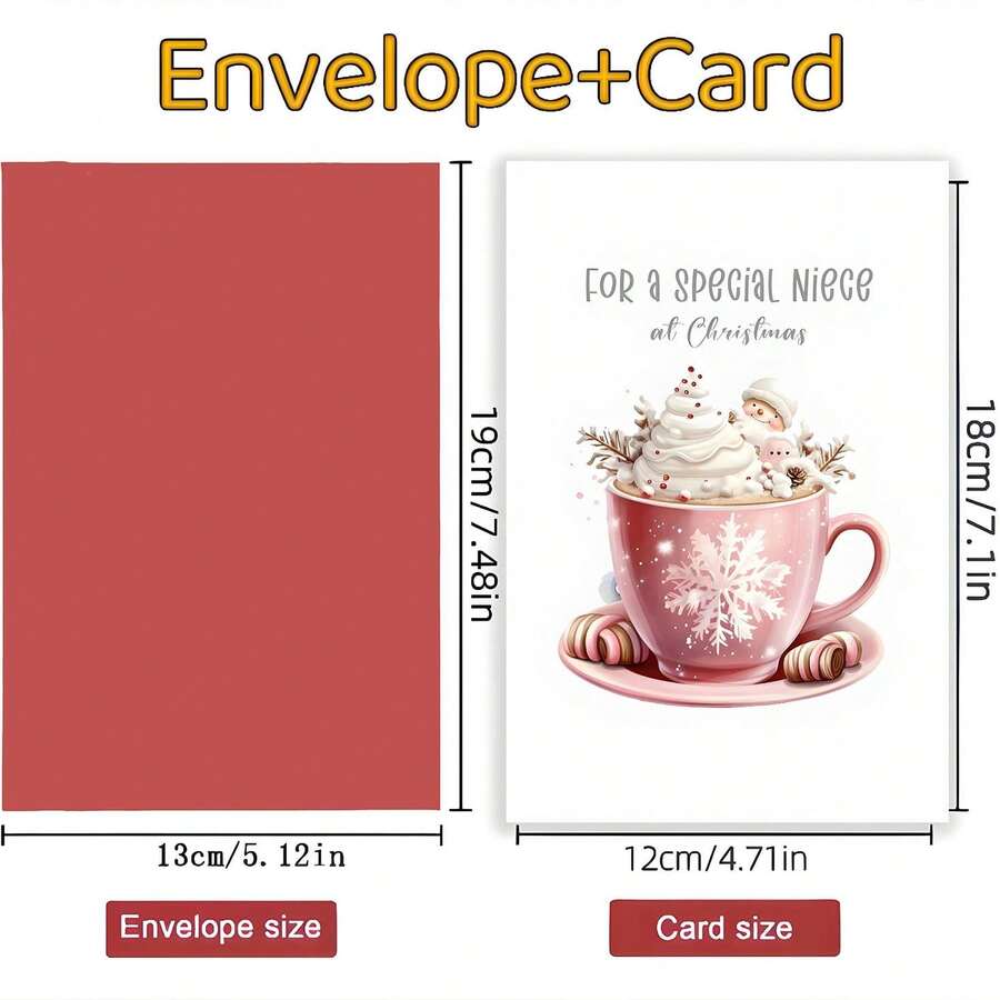 Christmas Greeting Card For Special Niece, Pink Snowflake Cup Christmas Drink Design, Cute Snowman Cream Decoration, Conveying Holiday Sweetness, Niece Exclusive Christmas Cherished Card, Warm Holiday Wishes, Thank-You Card With Envelope, Greeting Card, Blessing Card, Blank Card - Sets - View 1
