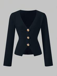 Áo khoác cardigan nữ dáng ôm, màu trơn, cổ chữ V, vai rớt, cài cúc kim loại, xẻ tà, tay dài, chất liệu dệt kim, thích hợp mặc ngoài vào mùa xuân/hè/thu. - Màu xanh hải quân - Xem 6