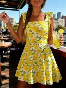 女士优雅休闲度假风柠檬印花无肩带系带露背A字迷你连衣裙，春夏款 - 黃色 - 查看 2