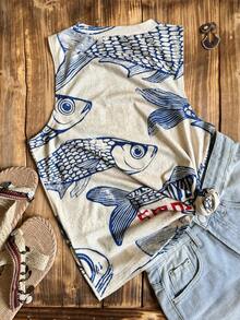 Áo tank top cổ tròn phong cách Bohemian Holiday Beach dành cho nữ, in hình cá nhiệt đới, thích hợp cho bữa sáng/bữa trưa, mùa hè. - Màu be - Xem 2