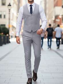 Furuyal Men's 3 PiecesSuit, Elegant Solid Color Slim Fit Gentleman's Set Including Vest, Trousers And Tie, Suitable For Business, Wedding, Party, Prom, Light Gray, Size XS-3XL - Màu Xám nhạt - Xem 10