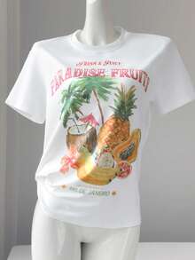 女士夏季度假，清爽多汁水果印花派对T恤，里约热带风情图案短袖休闲T恤，沙滩 - 白色 - 查看 2