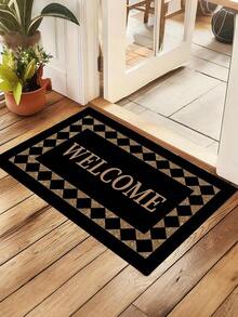 1Pc  Welcome Mat Features A Black Border And Yellow Accents. Made From Durable Polyester Fabric, It's Easy To Clean And Suitable For Use In Kitchens, Hallways, And Living Rooms. It Can Also Be Used As A Front Door Welcome Mat And Is Ideal For Valentine's Day And Thanksgiving. - 彩色 - 查看 3
