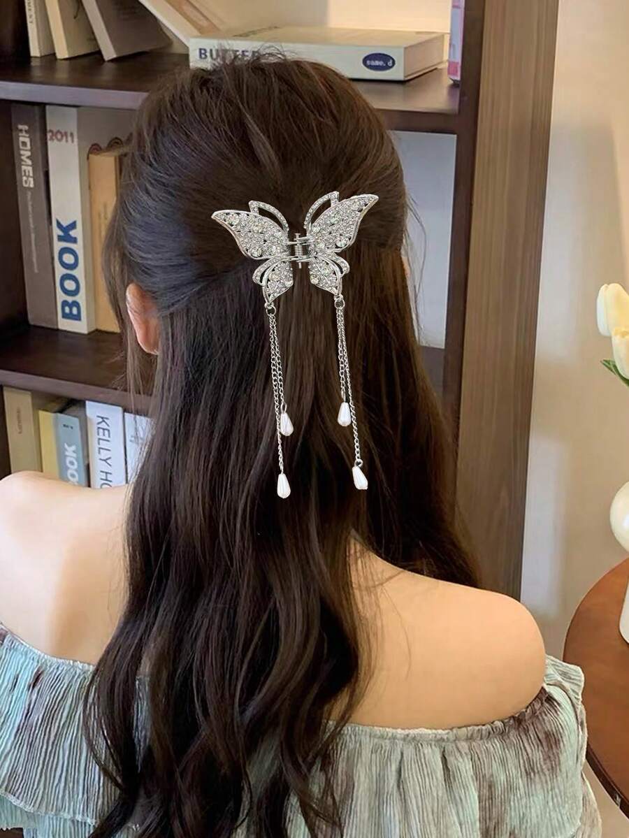 1个水钻蝴蝶仿珍珠流苏发爪夹，优雅女士发饰，马尾辫发圈（流苏长度随机）优雅发夹休闲发饰女士发饰夏季海滩度假