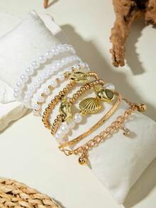 7pcs Set Minimalist Beaded CCB Faux Pearl Pendant Niche Design Jewelry Bracelet Set, Suitable For Daily Wear And Any Occasion, Perfect Gift (Handmade, Bead Quantity Varies) - 31271-bra-g-eP - View 3