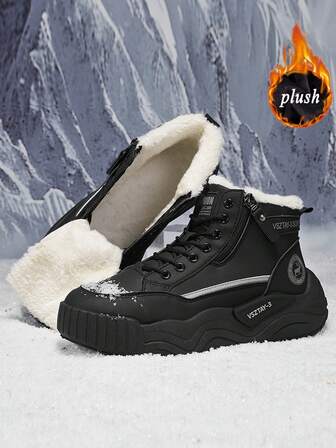 2025 Winter New Men's High-Top Leather Thermal Lined Snow Boots, Thick Sole Elevator, Zipper Closure, Lace-Up Design, Tall Shaft, Outdoor Mid-Calf Boots, Streetwear Fashion Leather Shoes, Motorcycle Riding Boots, Black